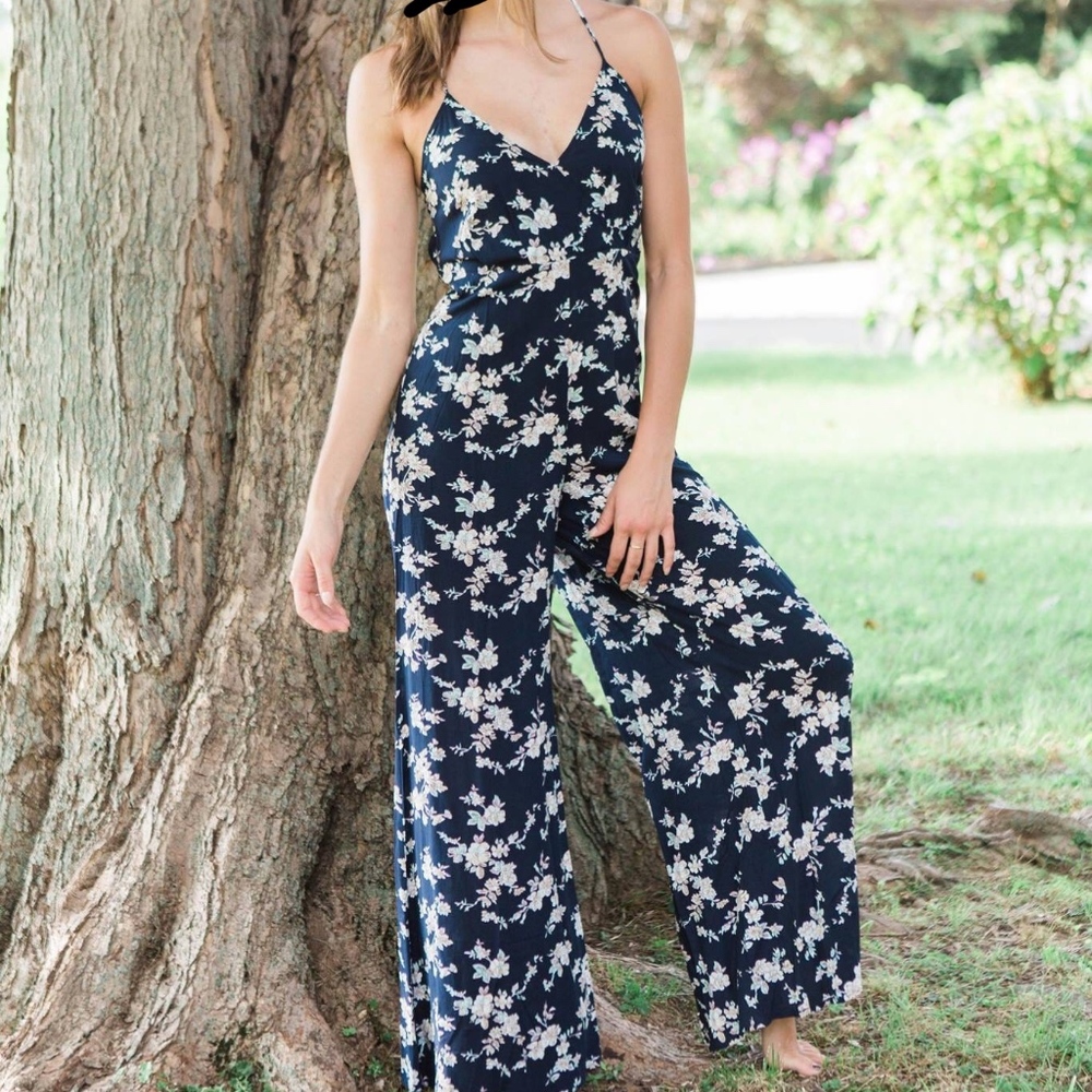 Flying Tomato Floral Pattern Navy Jumpsuit